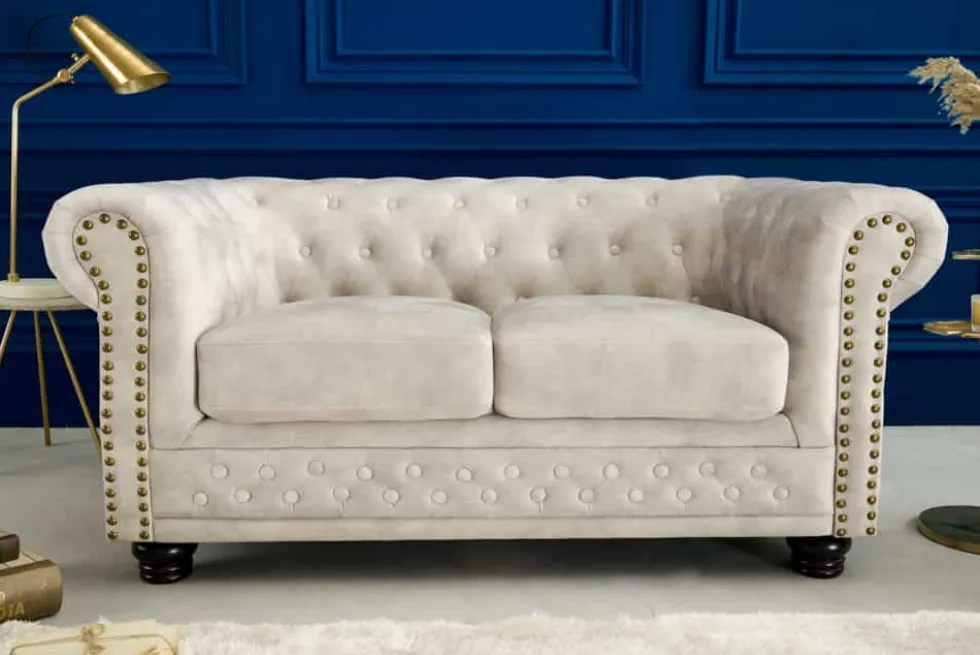 Chesterfield 2-Sitzer Sofa 150cm champagner beige Samt Federkern Knopfheftung
