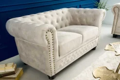 Chesterfield 2-Sitzer Sofa 150cm champagner beige Samt Federkern Knopfheftung