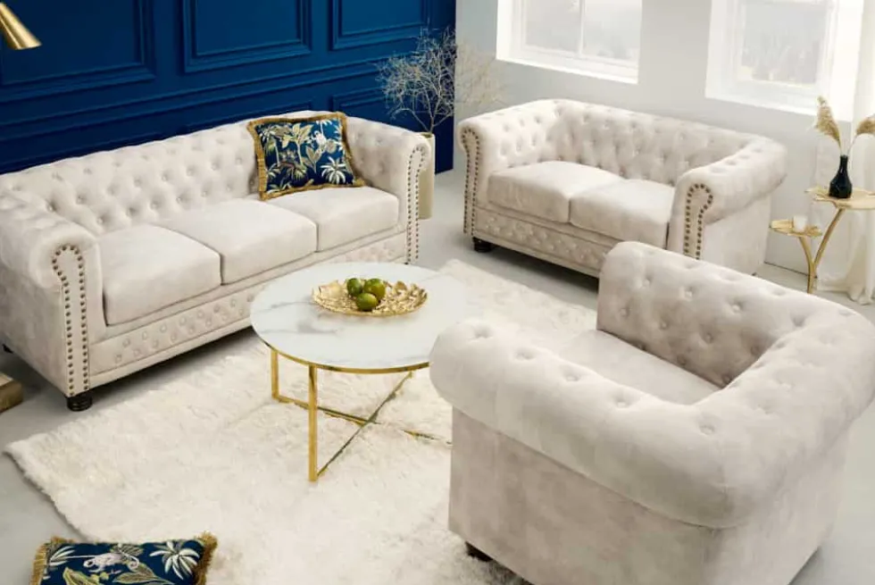 Chesterfield 2-Sitzer Sofa 150cm champagner beige Samt Federkern Knopfheftung