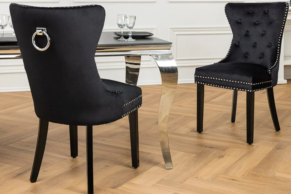 Chesterfield Stuhl CASTLE schwarz Samt Massivholz Ziernieten mit Komfortgriff