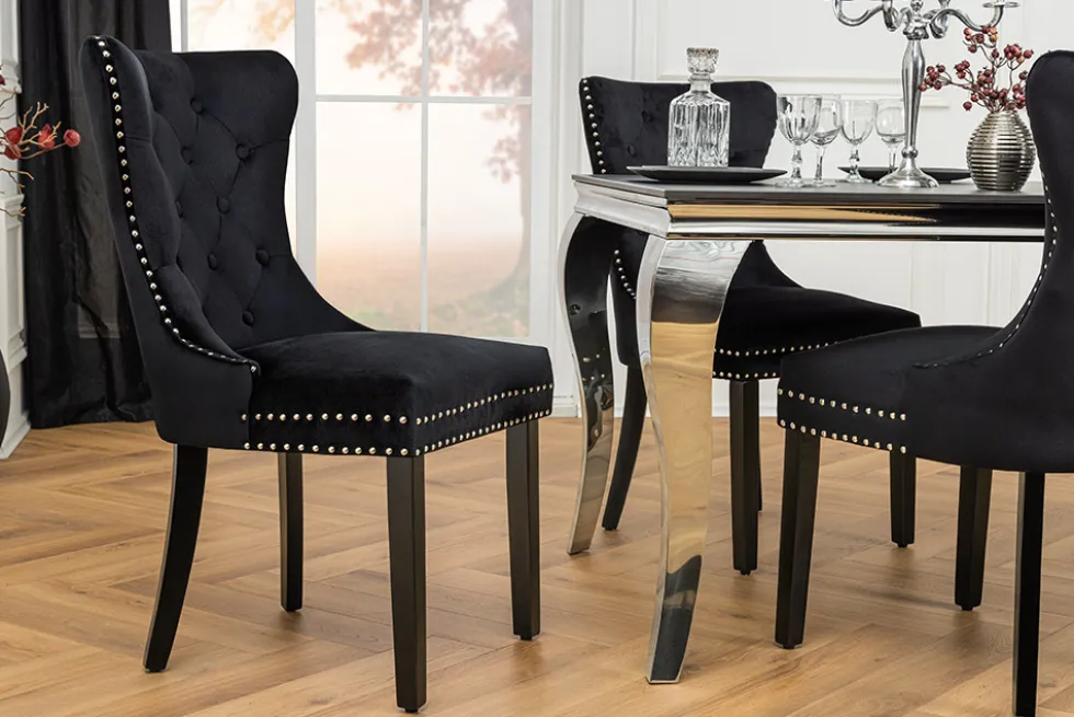 Chesterfield Stuhl CASTLE schwarz Samt Massivholz Ziernieten mit Komfortgriff