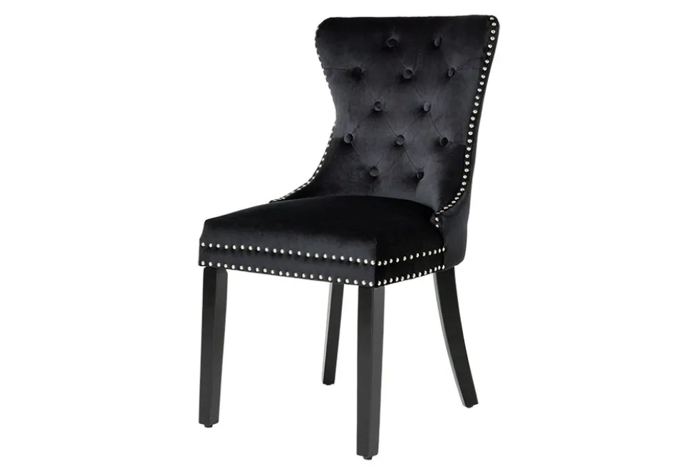 Chesterfield Stuhl CASTLE schwarz Samt Massivholz Ziernieten mit Komfortgriff