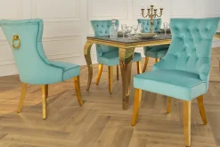 Chesterfield Stuhl CASTLE blau Samt goldene Edelstahlbeine mit Komfortgriff