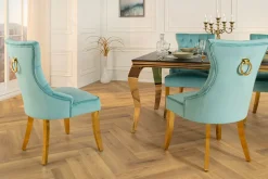 Chesterfield Stuhl CASTLE blau Samt goldene Edelstahlbeine mit Komfortgriff