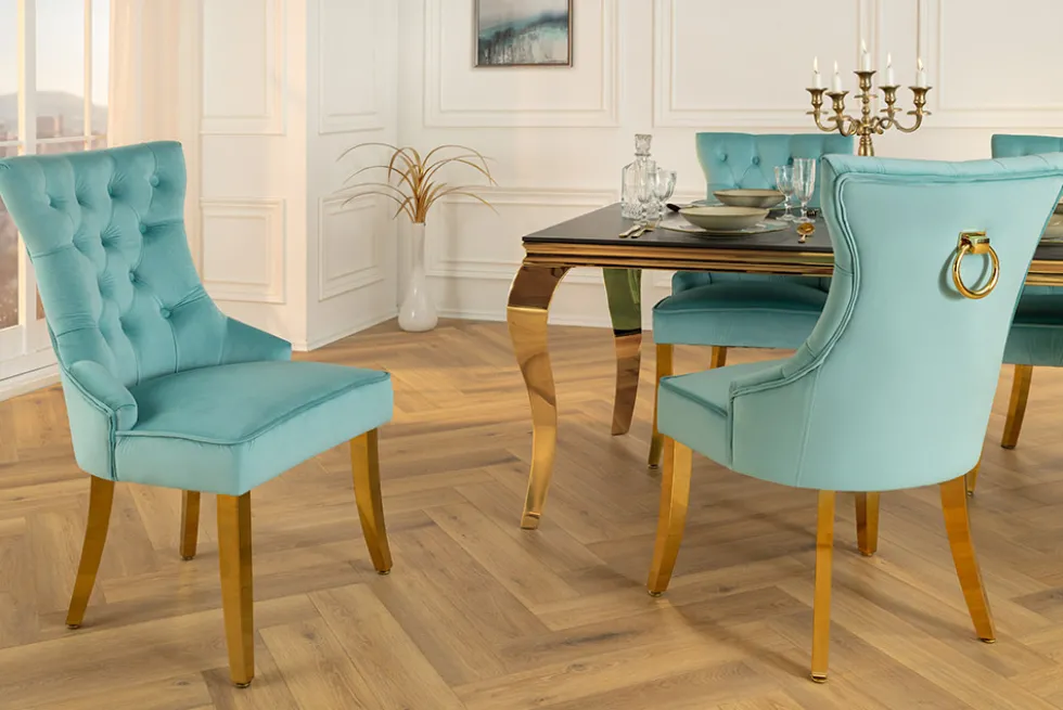 Chesterfield Stuhl CASTLE blau Samt goldene Edelstahlbeine mit Komfortgriff