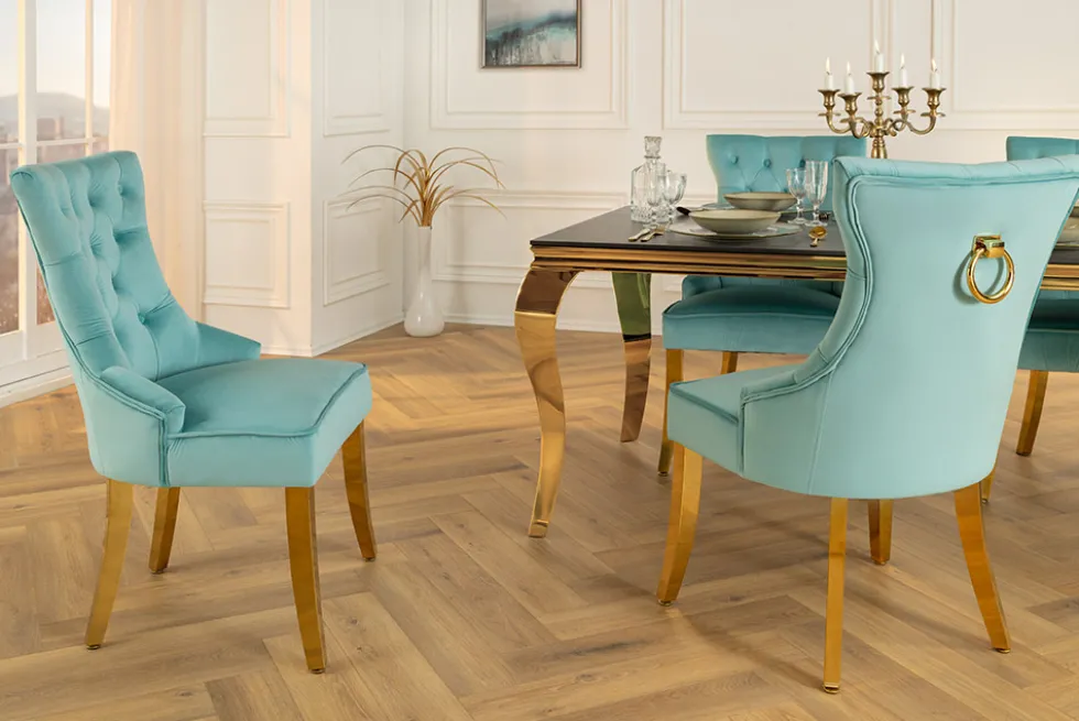 Chesterfield Stuhl CASTLE blau Samt goldene Edelstahlbeine mit Komfortgriff