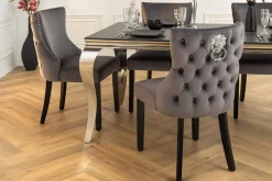 Chesterfield Stuhl CASTLE DELUXE grau Samt mit Löwenkopf Nieten