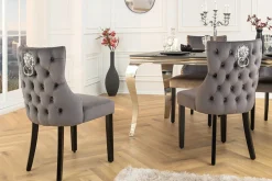 Chesterfield Stuhl CASTLE DELUXE grau Samt mit Löwenkopf Nieten