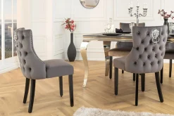 Chesterfield Stuhl CASTLE DELUXE grau Samt mit Löwenkopf Nieten