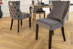 Chesterfield Stuhl CASTLE DELUXE grau Samt mit Löwenkopf Nieten