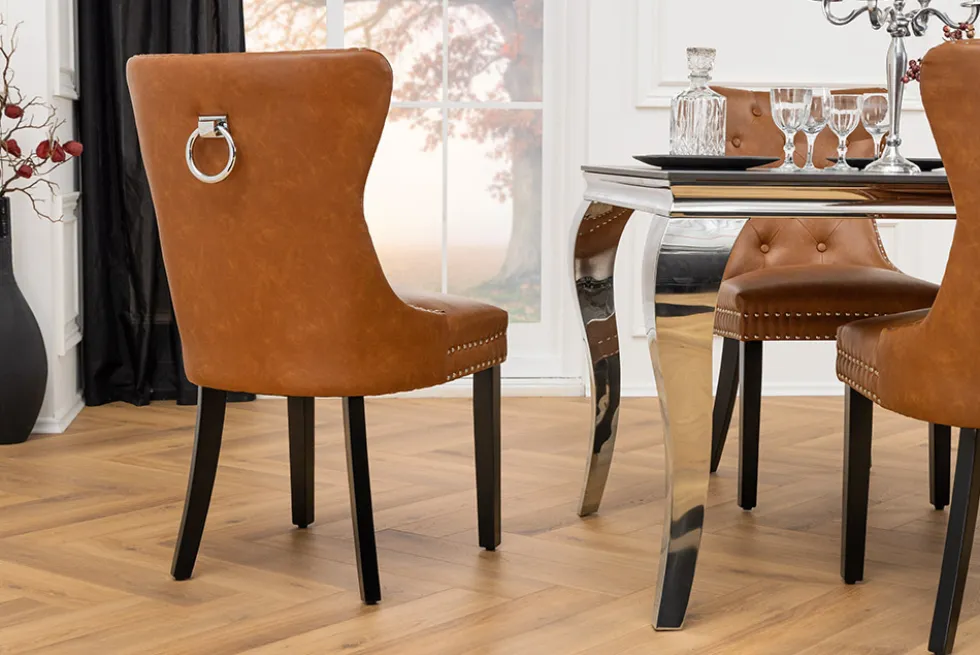 Chesterfield Stuhl CASTLE braun Kunstleder schwarz Massivholz mit Komfortgriff