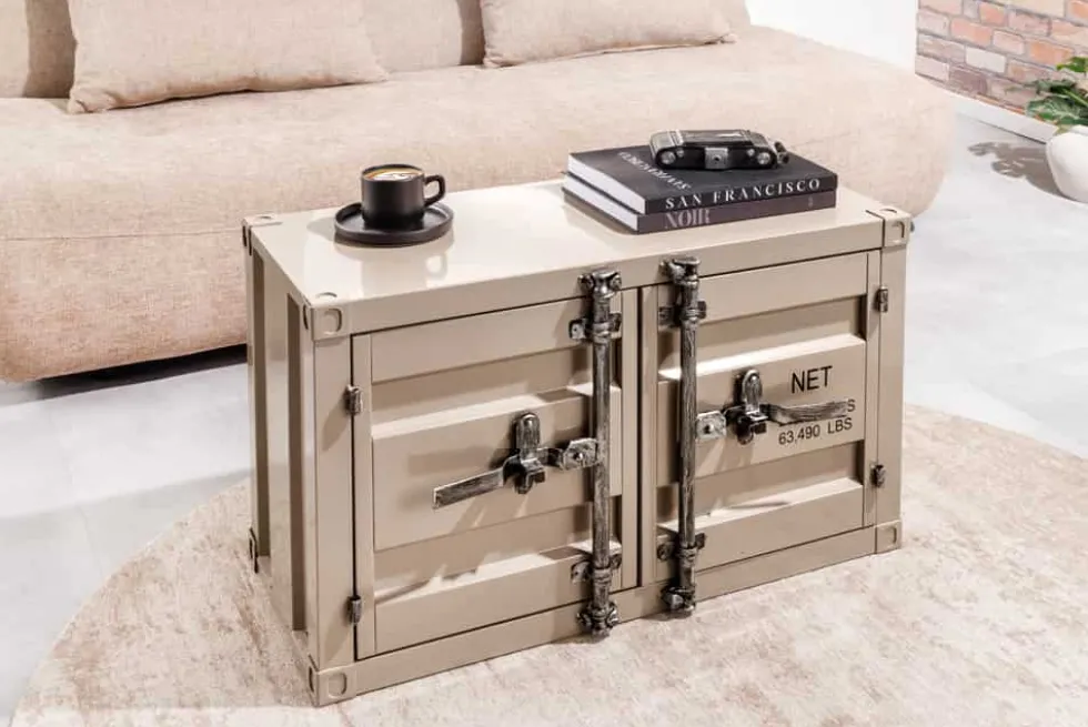 Container-Schrank GLOBETROTTER 80cm greige Metall Couchtisch mit Flügeltüren Kommode