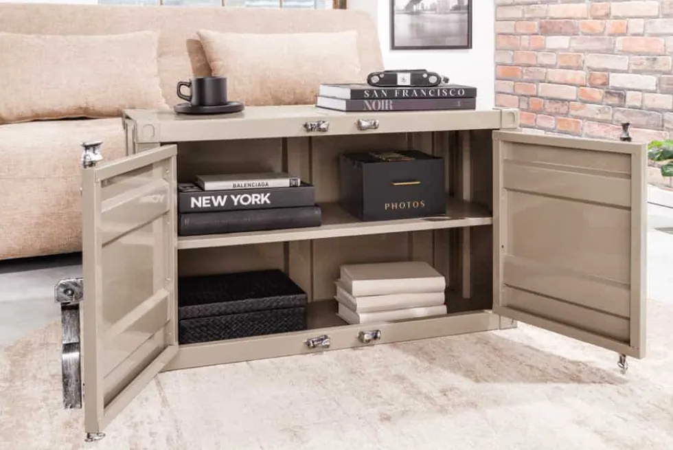 Container-Schrank GLOBETROTTER 80cm greige Metall Couchtisch mit Flügeltüren Kommode