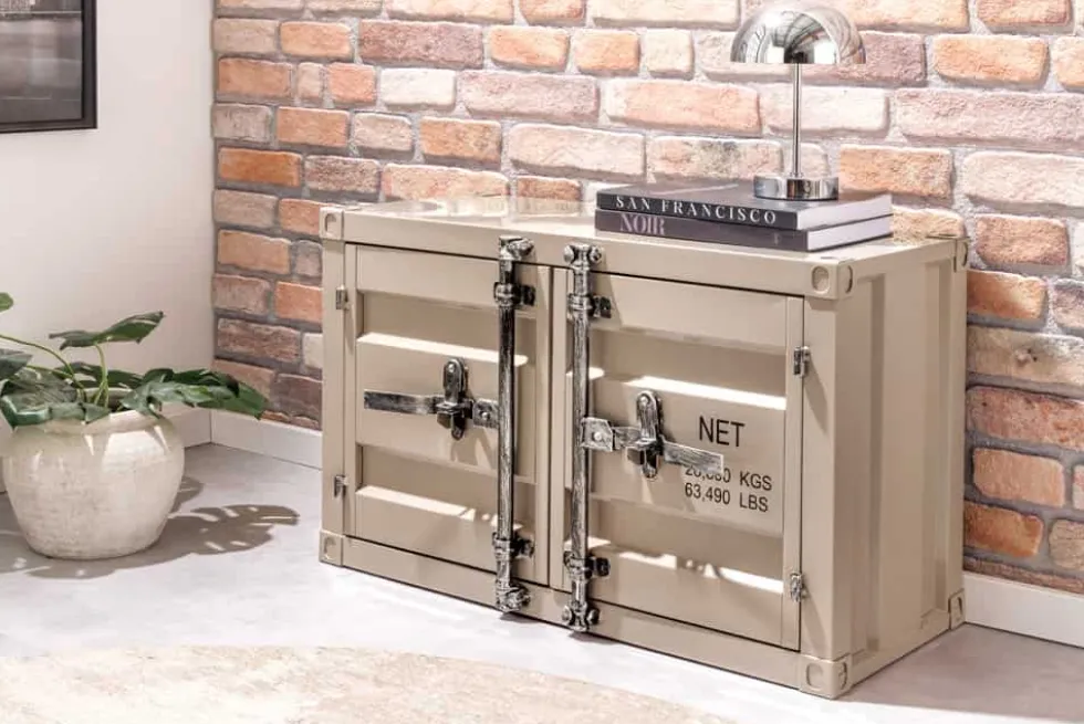 Container-Schrank GLOBETROTTER 80cm greige Metall Couchtisch mit Flügeltüren Kommode