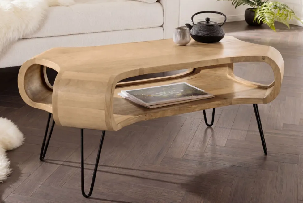 Couchtisch ORGANIC LIVING 100cm natur cream finish Mangoholz mit Hairpin Legs