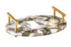 Deko Serviertablett NOBLE 40cm Edelstein handmade Achat Quarz Goldgriffe