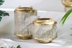Deko Windlicht ORIENT 20cm gold Metall mit Patina handmade Laterne