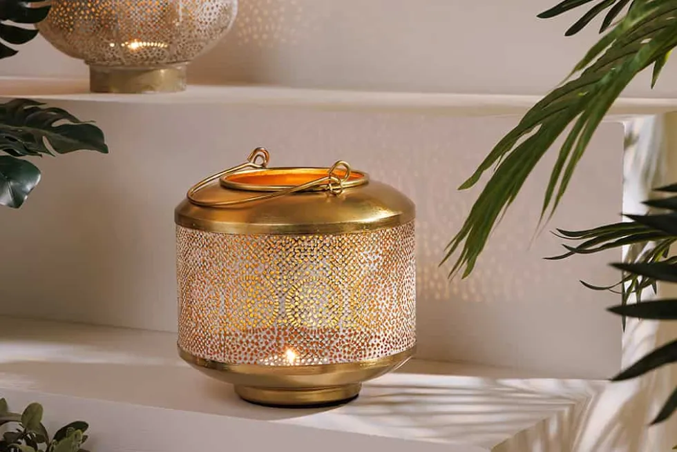 Deko Windlicht ORIENT 20cm gold Metall mit Patina handmade Laterne