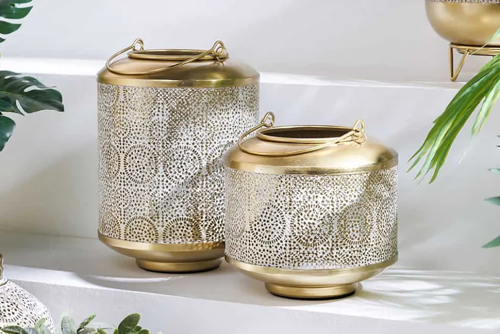 Deko Windlicht ORIENT 25cm gold Metall mit Patina handmade Laterne