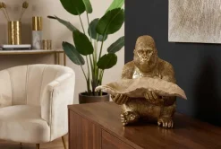Deko-Figur GORILLA 40cm gold beige handmade mit Schale im Blatt-Design