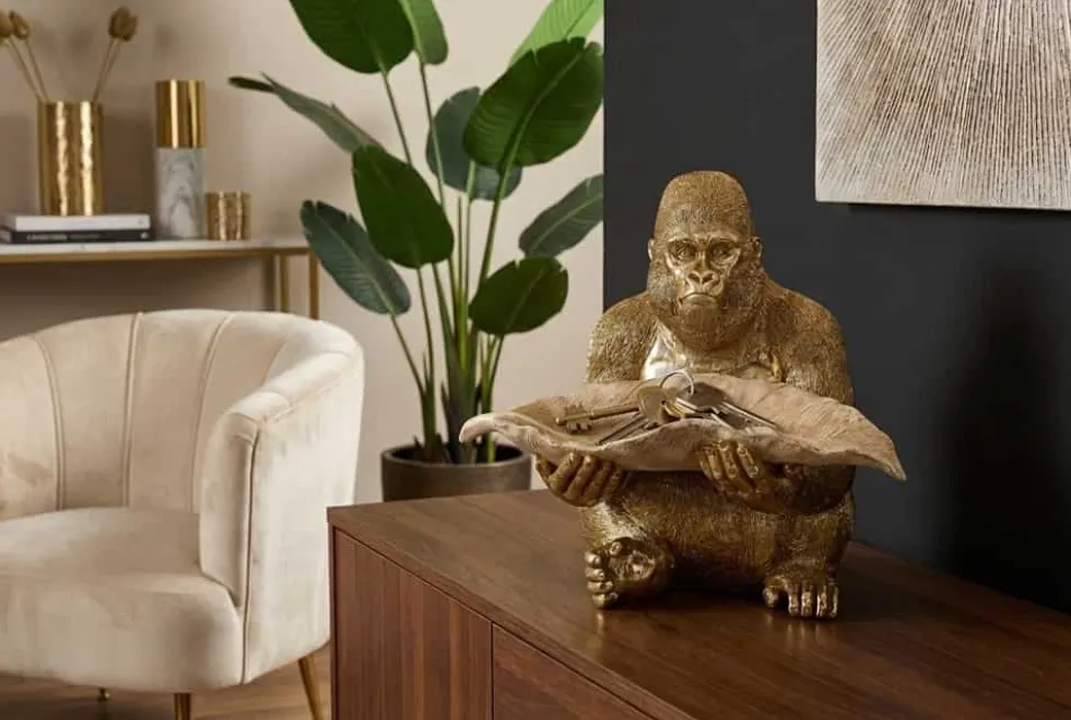 Deko-Figur GORILLA 40cm gold beige handmade mit Schale im Blatt-Design