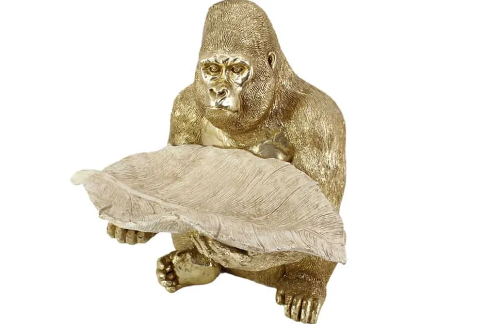 Deko-Figur GORILLA 40cm gold beige handmade mit Schale im Blatt-Design