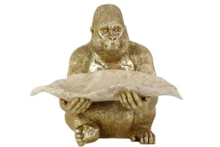 Deko-Figur GORILLA 40cm gold beige handmade mit Schale im Blatt-Design