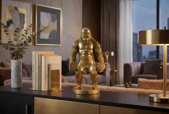 Deko-Figur KING APE 35cm gold Gorilla mit Hanteln handmade