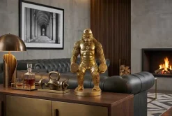 Deko-Figur KING APE 35cm gold Gorilla mit Hanteln handmade