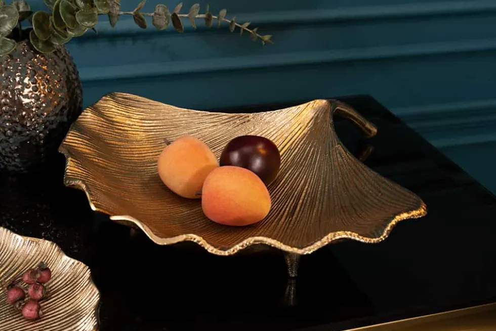 Dekorative Schale GINKGO 45cm gold handmade Metall
