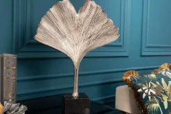 Dekorative Skulptur GINKGO LEAF 45cm silber handmade Metall mit Marmorsockel
