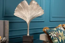 Dekorative Skulptur GINKGO LEAF 45cm silber handmade Metall mit Marmorsockel