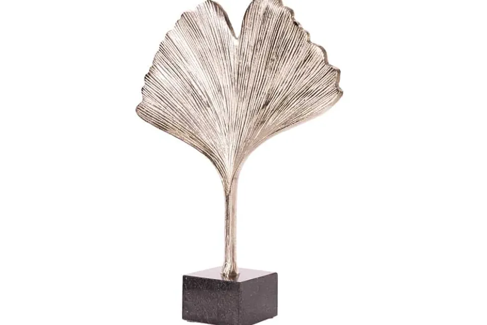 Dekorative Skulptur GINKGO LEAF 45cm silber handmade Metall mit Marmorsockel