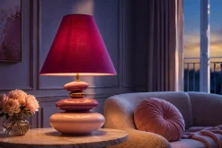 Dekorative Tischlampe STONES OF ECSTASY 60cm pink rosa gold mit Stoffschirm rund