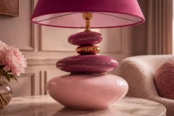 Dekorative Tischlampe STONES OF ECSTASY 60cm pink rosa gold mit Stoffschirm rund
