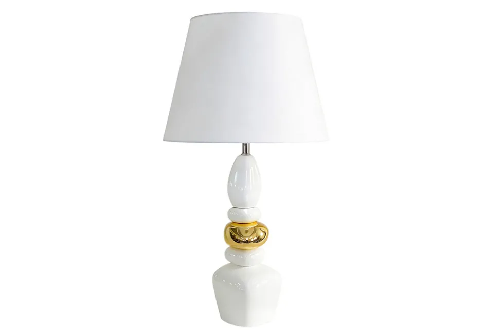 Dekorative Tischlampe STONES OF ZEN 70cm weiß gold mit Stoffschirm rund