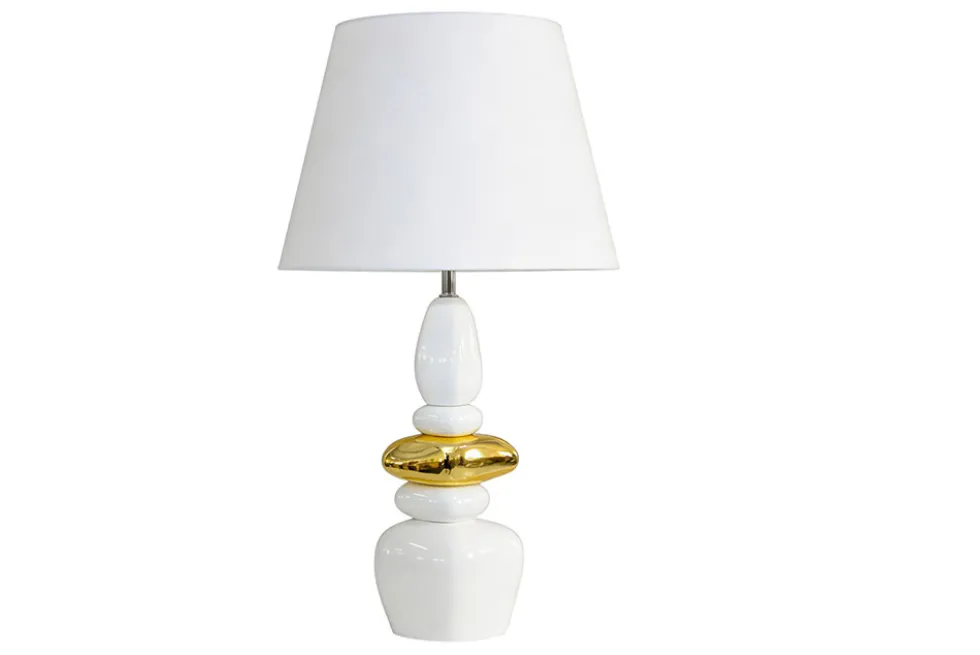 Dekorative Tischlampe STONES OF ZEN 70cm weiß gold mit Stoffschirm rund