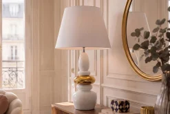 Dekorative Tischlampe STONES OF ZEN 70cm weiß gold mit Stoffschirm rund