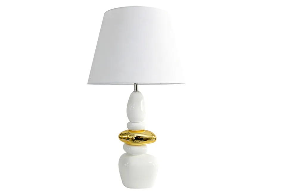 Dekorative Tischlampe STONES OF ZEN 70cm weiß gold mit Stoffschirm rund