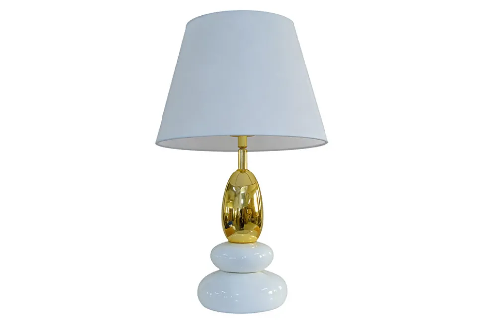 Dekorative Tischlampe STONES OF ZEN 45cm weiß gold mit Stoffschirm rund