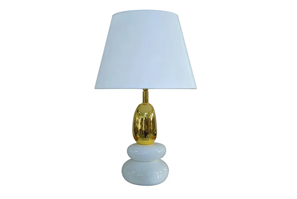 Dekorative Tischlampe STONES OF ZEN 45cm weiß gold mit Stoffschirm rund