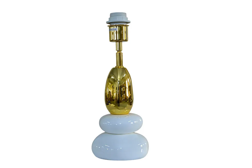 Dekorative Tischlampe STONES OF ZEN 45cm weiß gold mit Stoffschirm rund