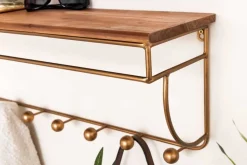 Dekorative Wandgarderobe HERITAGE 80cm natur gold messing Pinie Metall mit Ablage