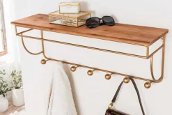 Dekorative Wandgarderobe HERITAGE 80cm natur gold messing Pinie Metall mit Ablage