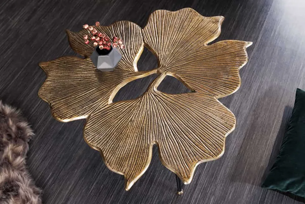Dekorativer Couchtisch GINKGO LEAFS 75cm gold handmade Metall