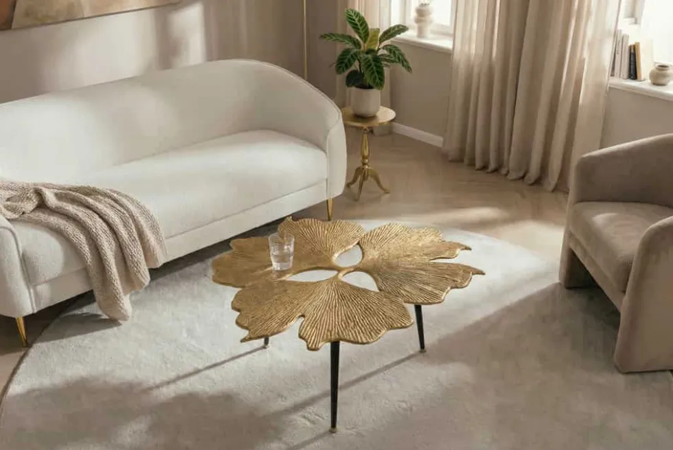 Dekorativer Couchtisch GINKGO LEAFS 75cm gold handmade Metall