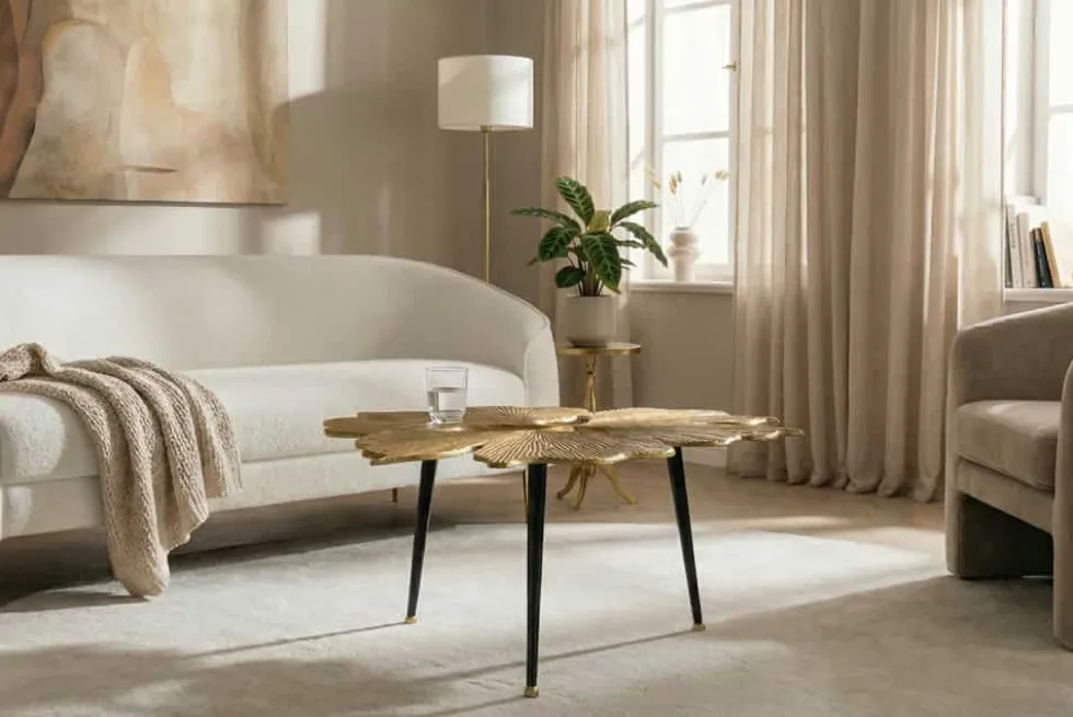 Dekorativer Couchtisch GINKGO LEAFS 75cm gold handmade Metall