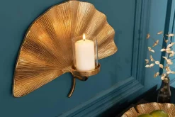 Dekorativer Kerzenhalter GINKGO 44cm gold handmade Metall Wandteelicht