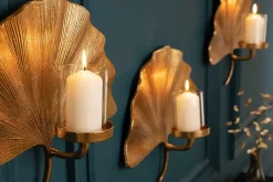Dekorativer Kerzenhalter GINKGO 44cm gold handmade Metall Wandteelicht