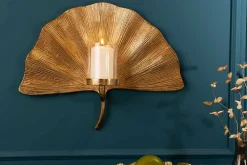Dekorativer Kerzenhalter GINKGO 44cm gold handmade Metall Wandteelicht